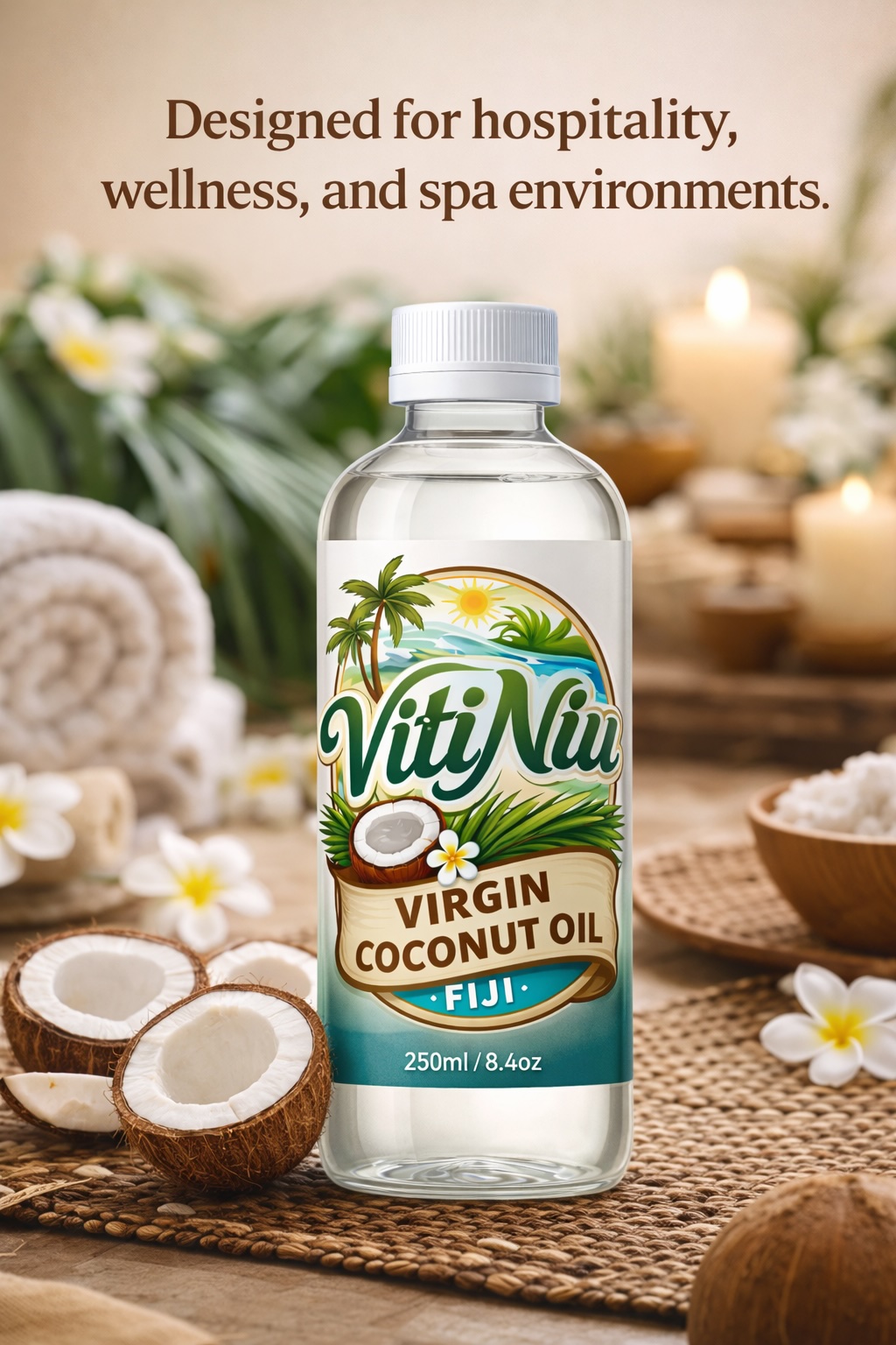 VitiNiu coconut oil positioned for spa use